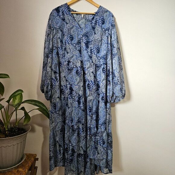 EUC JOIE PRINTED HIGH LOW MAXI DRESS V NECK LONGSLEEVES SIZE XXL - Picture 1 of 16